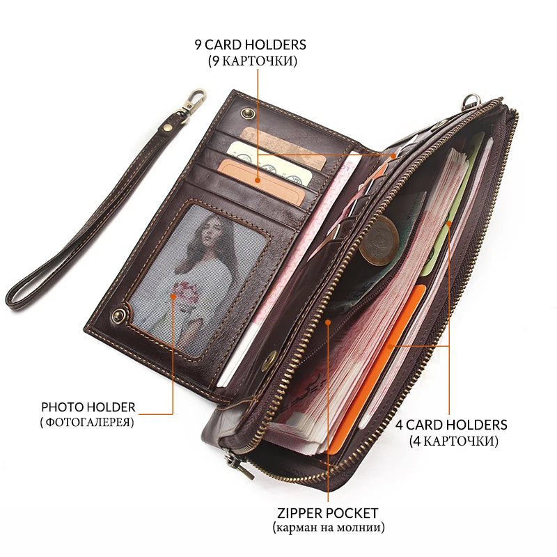 2022 Men Wallet Clutch Genuine Leather Brand Rfid Wallet Male Organizer Cell Phone Clutch Bag Long Coin Purse Free Engrave